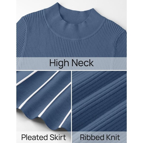 Women's Dusty Blue Tie Waist Casual Ribbed Knit Long Sleeve Sweater Midi Dress - Picture 7 of 7